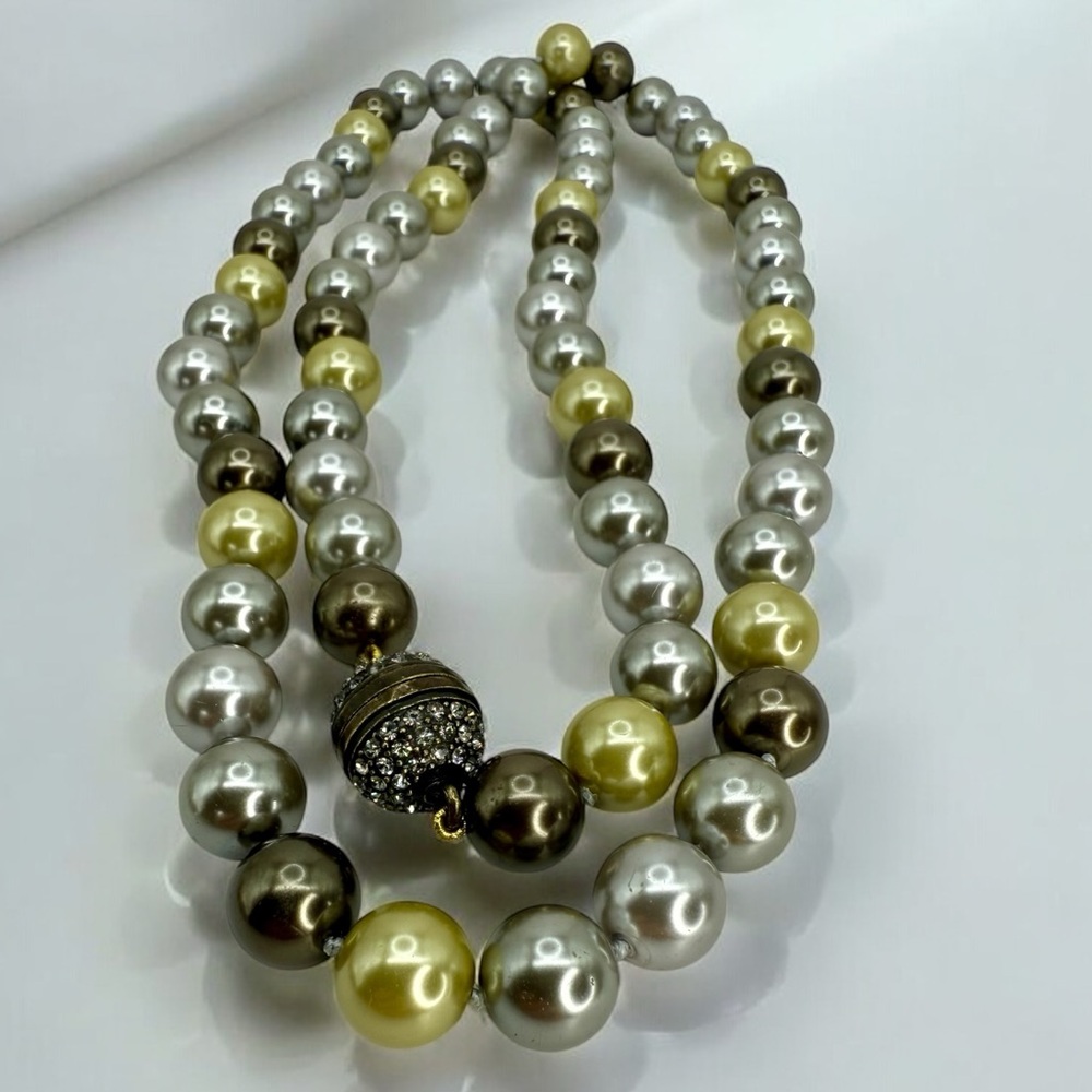 Heidi Daus Faux Pearl Necklace 36” — Multi-Tone Double Strand w Pave Screw Clasp - Picture 4 of 17